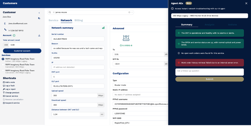 Visual of AEX Agent Network Troubleshooter full client and problem view