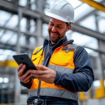 man in construction hat reviewing his tablet whilst smiling