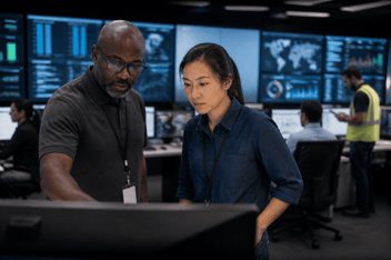 NOC engineers reviewing a network monitoring dashboard together