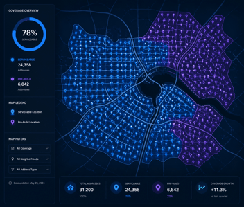 GIS coverage map showing serviceable and pre-build address classifications for a fiber network