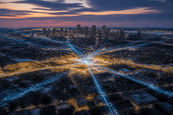 Aerial illustration of a city with fiber network lines converging at a central internet exchange point