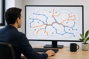 Network operations technician reviewing overlaid fiber network topology maps during a network acquisition integration