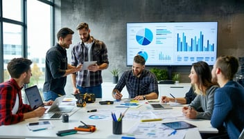 team of people working on statistics