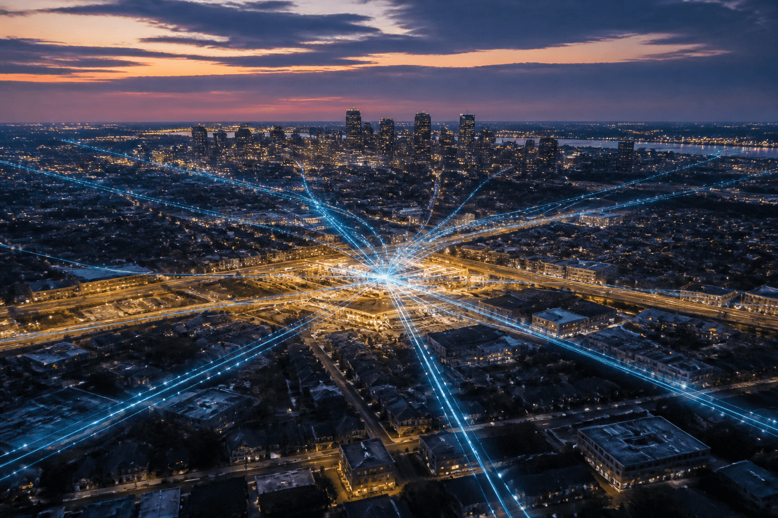 Aerial illustration of a city with fiber network lines converging at a central internet exchange point