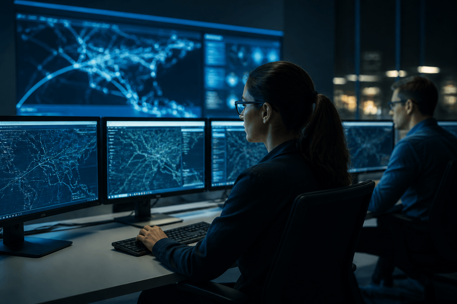 Engineers monitoring a live fiber network operations center overnight, with OLT and infrastructure alert indicators visible on screen
