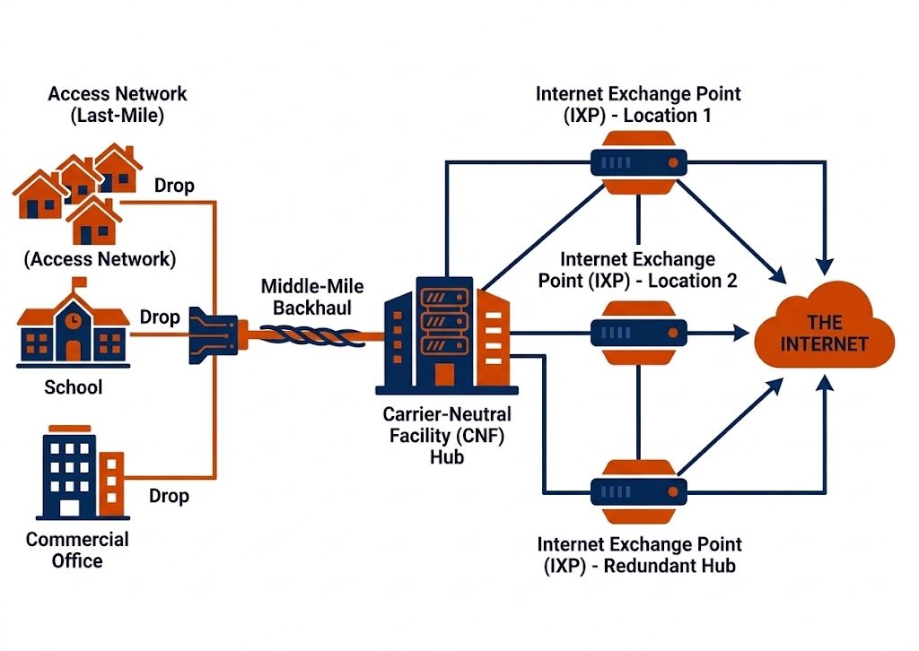 Diagram showing fiber network backhaul connecting through carrier-neutral facilities to internet exchange points