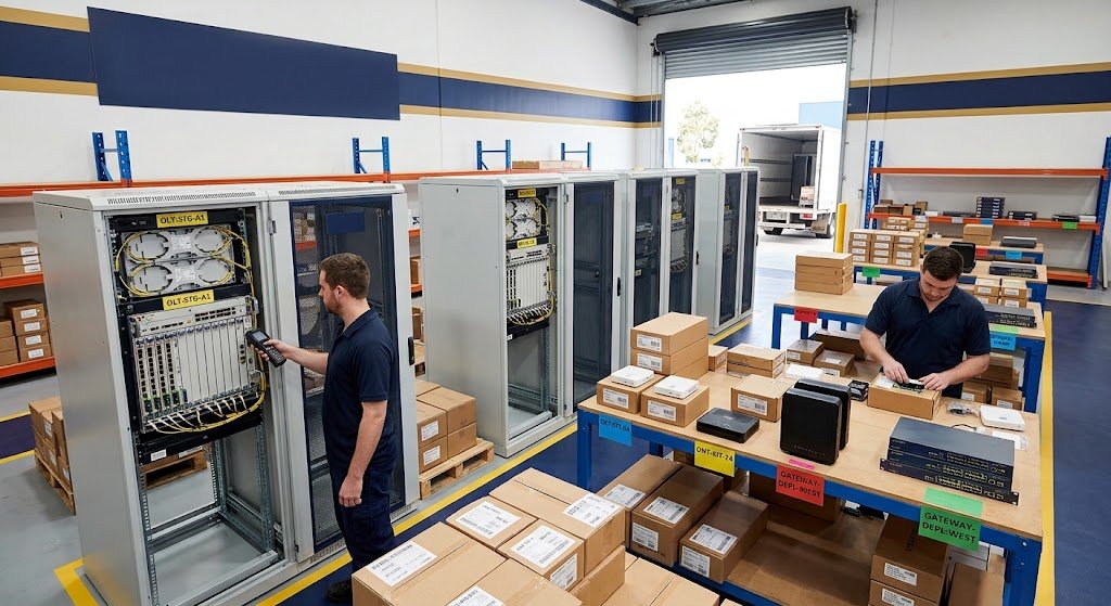 Staged fiber network equipment including OLTs, ONTs, and gateways ready for deployment