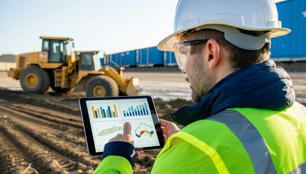 Field engineer using a tablet with data analytics dashboards at a construction and utility job site.